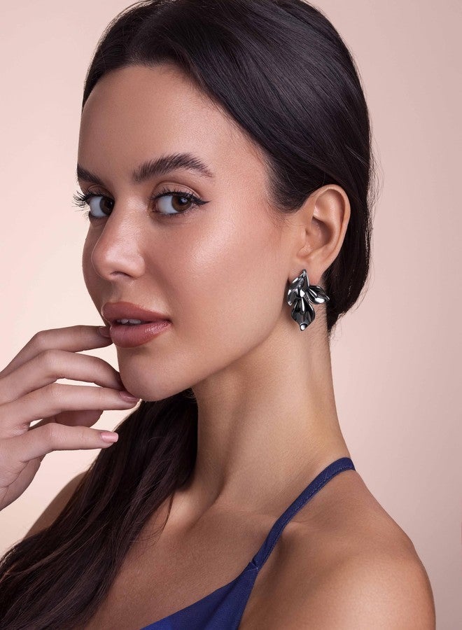 SNGIA silver plated Plated Stainless Steel Dark Black Grey Gray Rose Petal Daisy Flower Stud Statement Earrings for Women by SNGIA, Dainty Bold Retro Handmade Trendy Natural Floral Bohemian Jewelry Gifts, Small Unique Baroque Turquoise Stone Summer Beach Fashion Earrings Accessories, Vintage Nickle Free Huggies Earrings. - Image 2